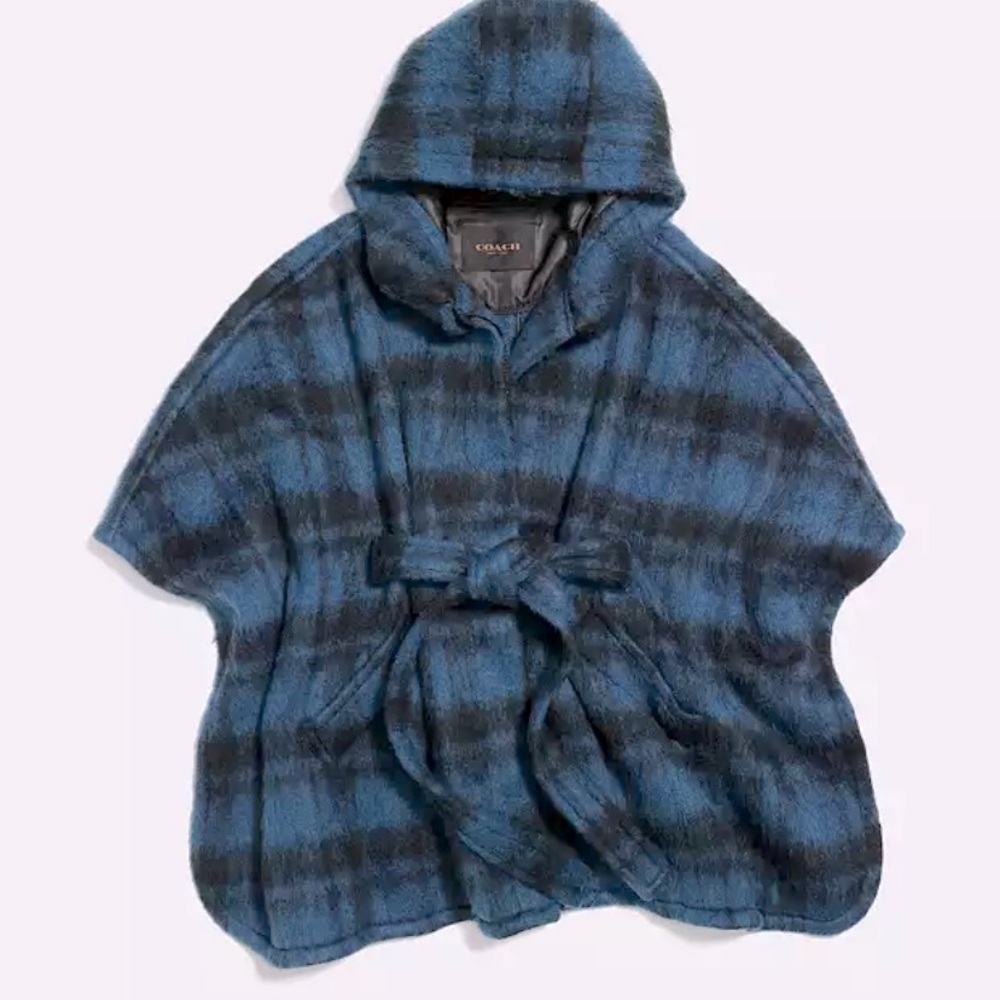 Coach alpaca wool blue plaid cape hooded boho plaid fall holiday party classic